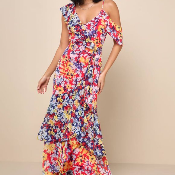 Lulus Dresses & Skirts - NWT Lulus “Radiant Ruby Red Floral Print” Chiffon Maxi Dress